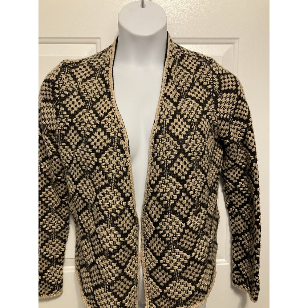 Lucky Brand Sweater Size Large Cardigan Boho Wool blend Beige Black Women’s - Picture 2 of 6